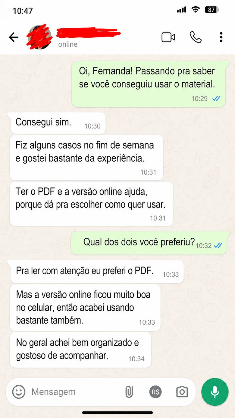 Print de conversa no WhatsApp com feedback de cliente