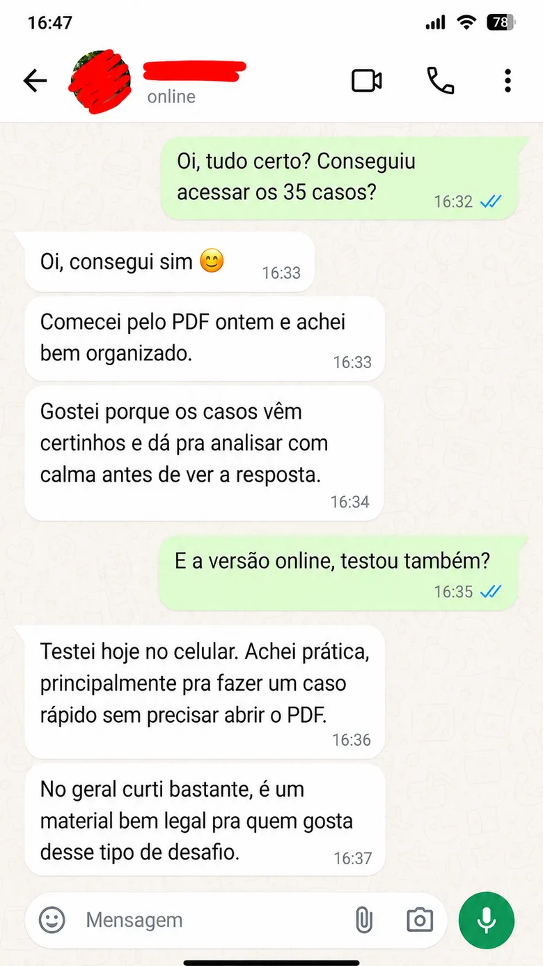 Print de conversa no WhatsApp com feedback de cliente