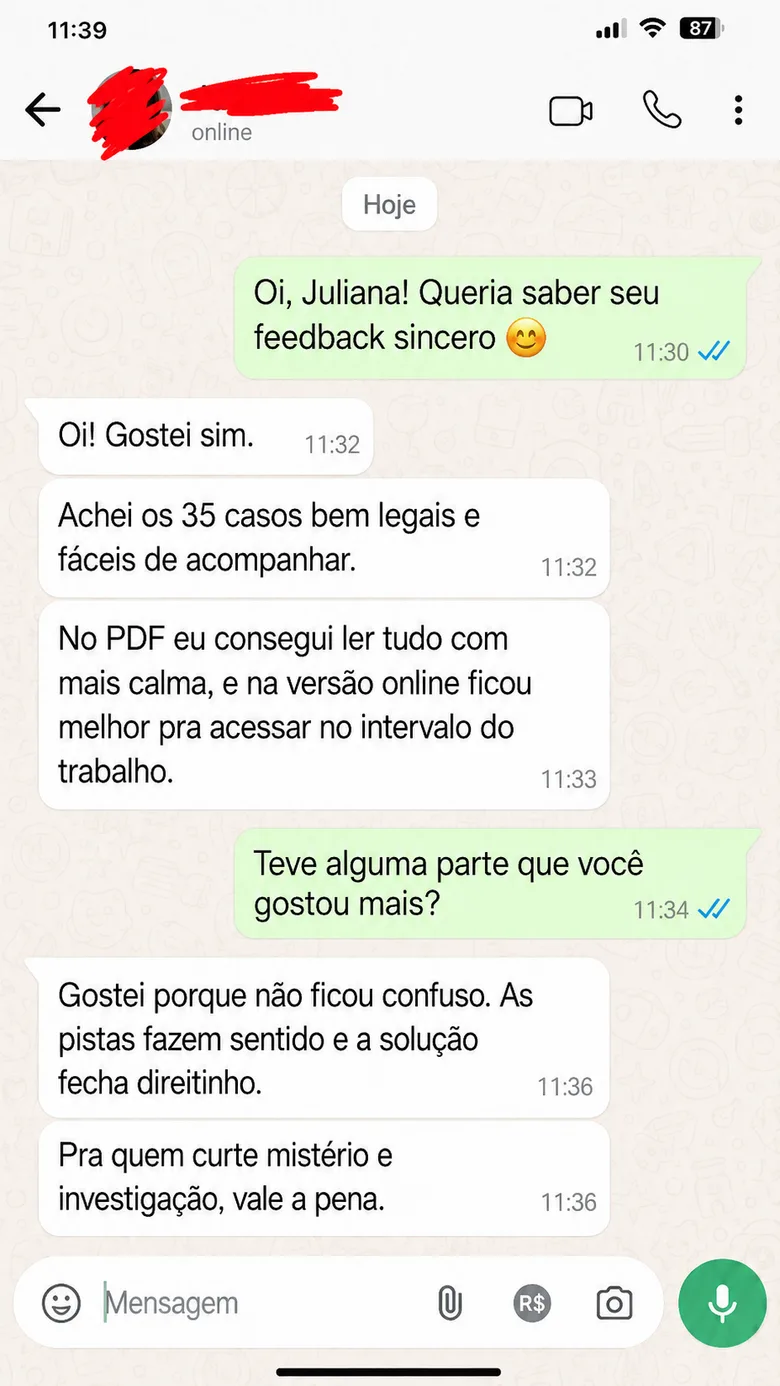 Print de conversa no WhatsApp com feedback de cliente